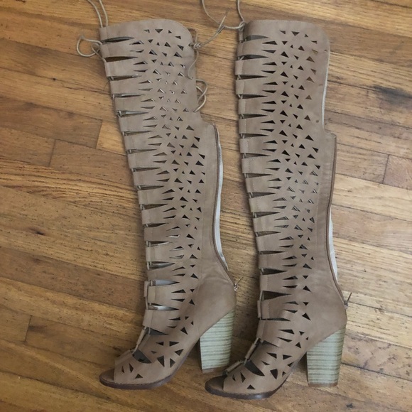 Tan Cutout Lace up Knee-high boots with Peep Toe - Picture 6 of 6